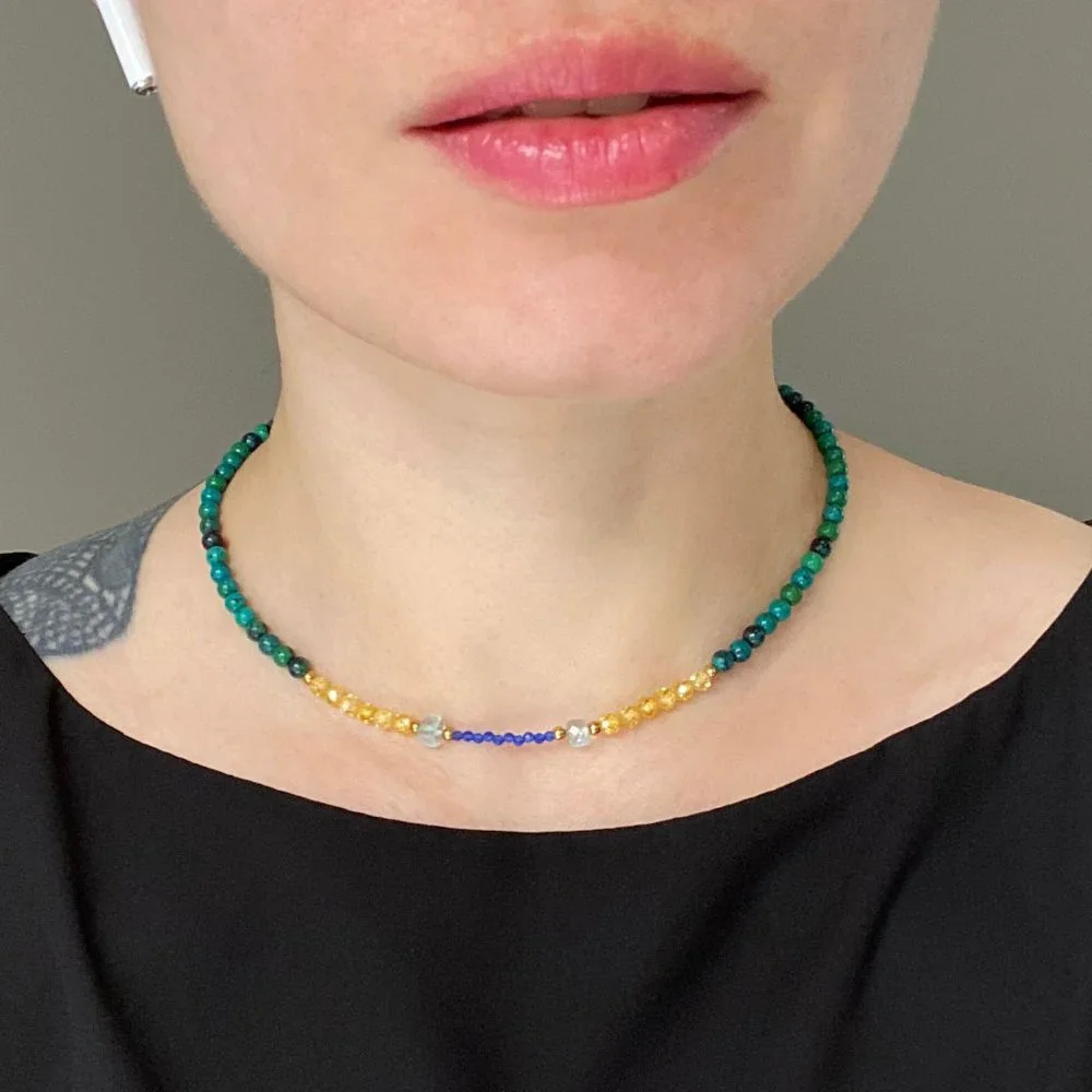 Colorful multi stone bead necklace short, unusual tiny gemstone crystal choker